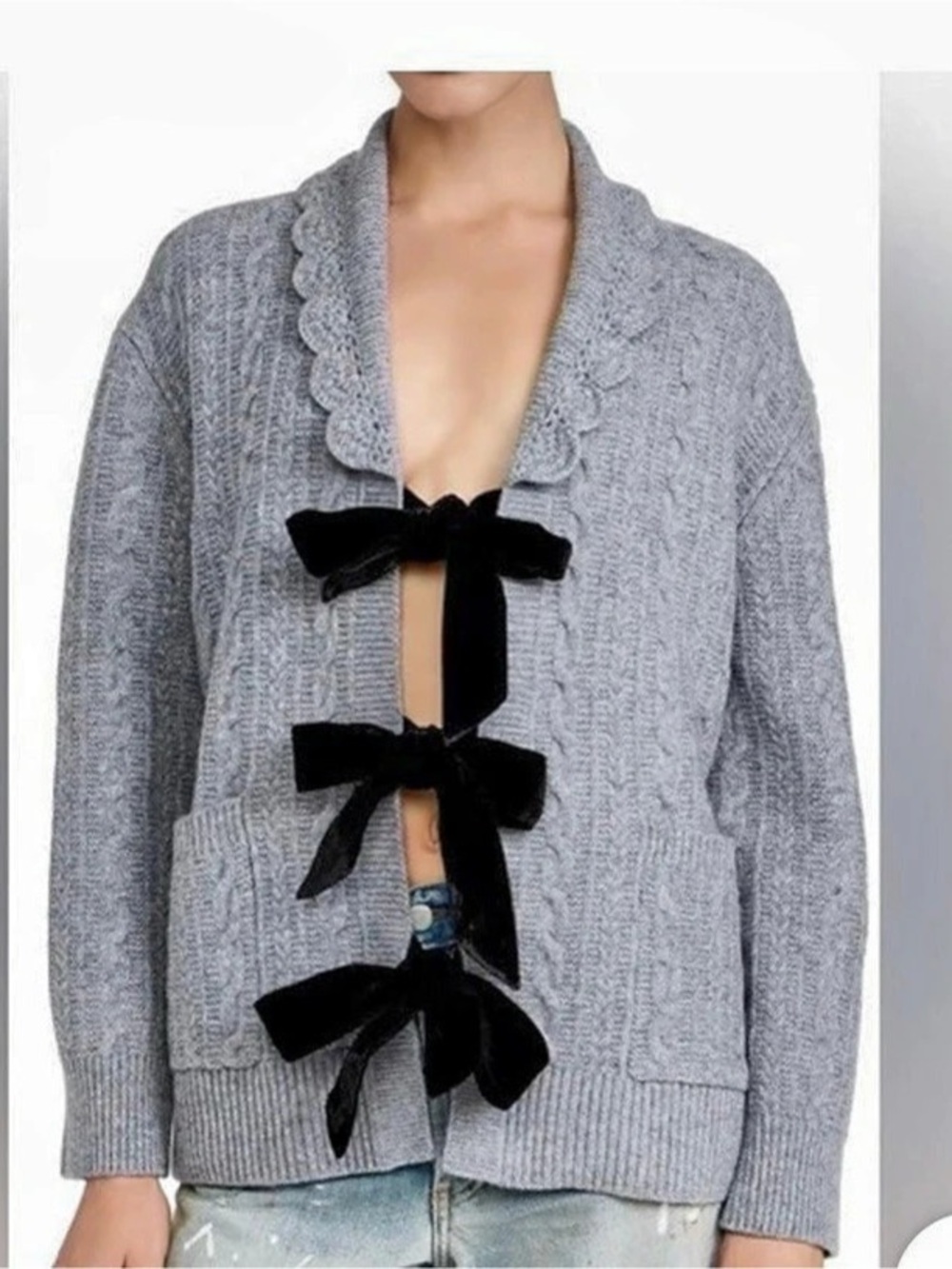 Gray Bow-Front Cardigan Like New